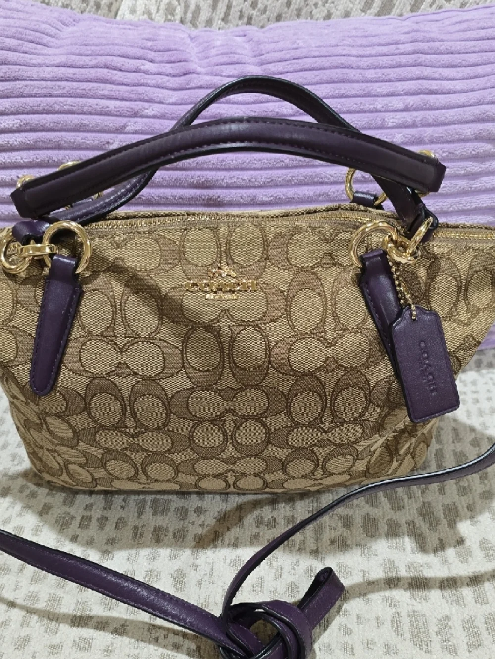 Coach Kelsey Brown Signature Satchel with Purple Leather Accents - Picture 2 of 15